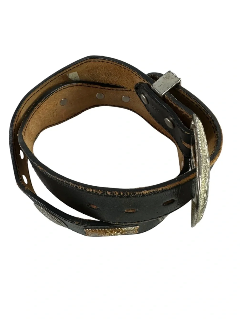 Vintage Black Leather Western Concho Belt Silver Engraved Buckle Boho Size 32